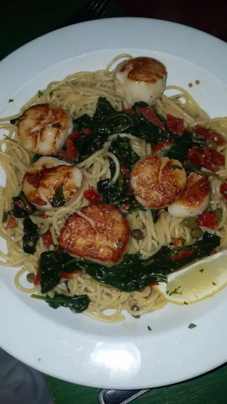Seared scallops with angel hair pasta and spinach at Michael's Trattoria Wallingford CT